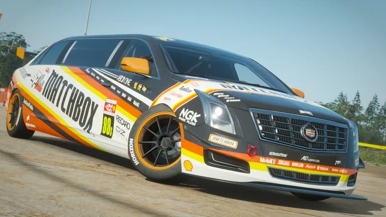Cadillac XTS Limousine with Matchbox racing livery in Forza Horizon 4, captured 1 July 2020