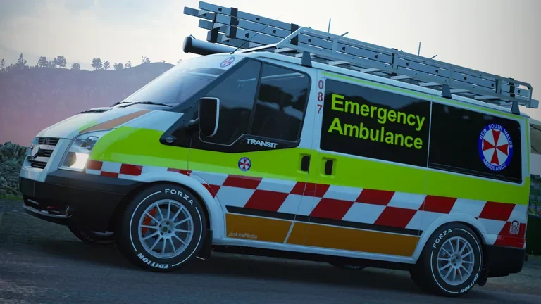 Ford Transit FE with Ambulance Service NSW livery in Forza Horizon 4, captured 24 July 2020