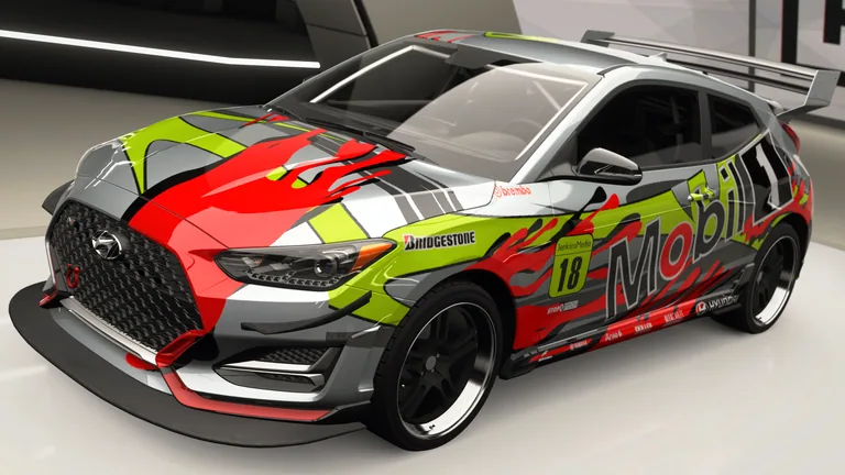Hyundai Veloster N with Mobil racing livery in Forza Horizon 4, captured 9 June 2026