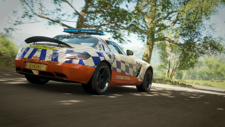 Mercedes AMG SLS with New South Wales Highway Patrol livery in Forza Horizon 4, captured 24 July 2020