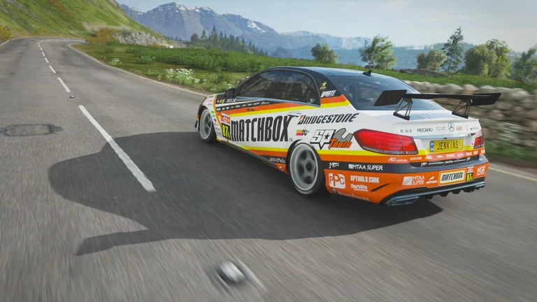 Mercedes-Benz E63 with Matchbox racing livery in Forza Horizon 4, captured 1 July 2020