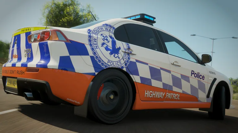 Mitsubishi Lancer Evo with New South Wales Highway Patrol livery in Forza Horizon 4, captured 24 July 2020