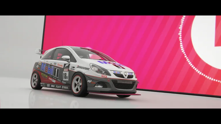 Vauxhall Corsa VXR with Mobil racing livery in Forza Horizon 4, captured 1 July 2020