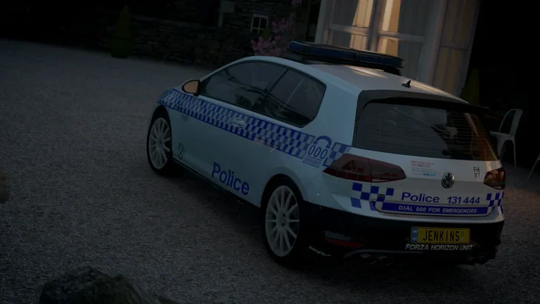 Volkswagen Golf R with New South Wales Police General Duties livery in Forza Horizon 4, captured 1 July 2020