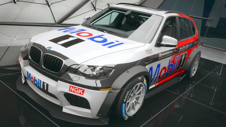 BMW X5M FE with Mobil racing livery in Forza Horizon 5, captured 9 June 2026