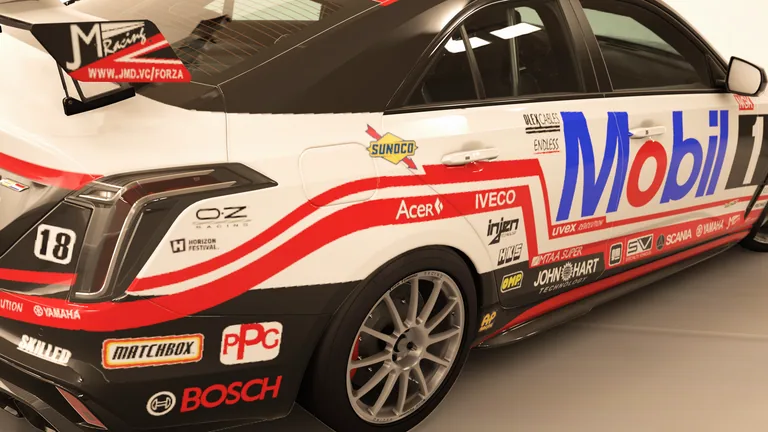 Cadillac CT4-V with Mobil racing livery in Forza Horizon 5, captured 4 May 2023