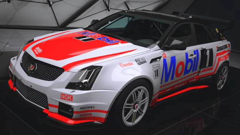Cadillac CTS-V Wagon with Mobil racing livery in Forza Horizon 5, captured 9 June 2026