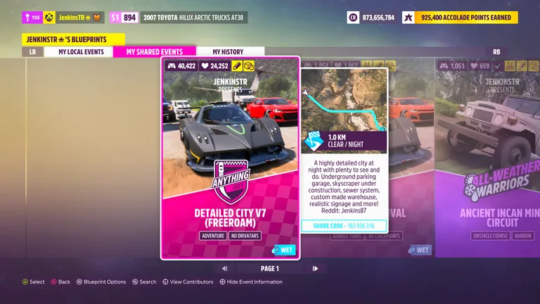 Detailed City V7 (Freeroam) custom track (EventLab Route) in Forza Horizon 5, captured 9 June 2026