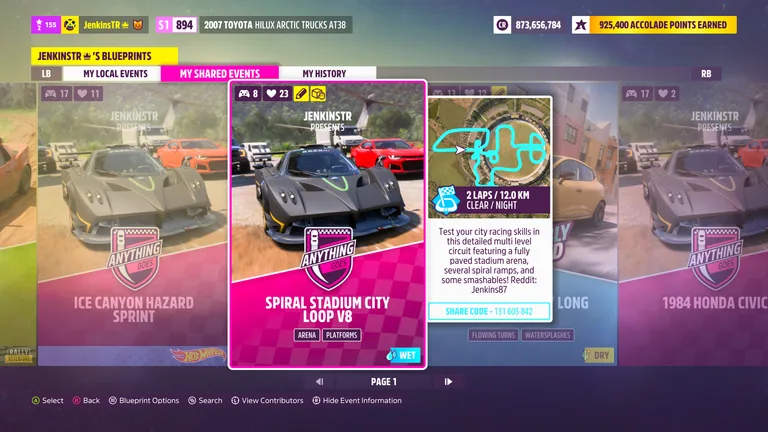 Spiral Stadium City Loop V8 custom track (EventLab Route) in Forza Horizon 5, captured 9 June 2026