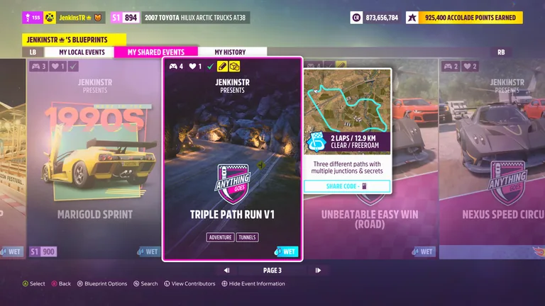 Triple Path Run V1 custom track (EventLab Route) in Forza Horizon 5, captured 9 June 2026