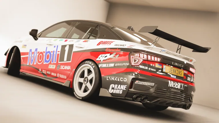Lynk & Co 03+ with Mobil racing livery in Forza Horizon 5, captured 4 May 2023