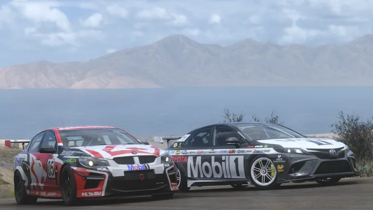 Toyota Camry with Mobil racing livery in Forza Horizon 5, captured 15 Jan 2025